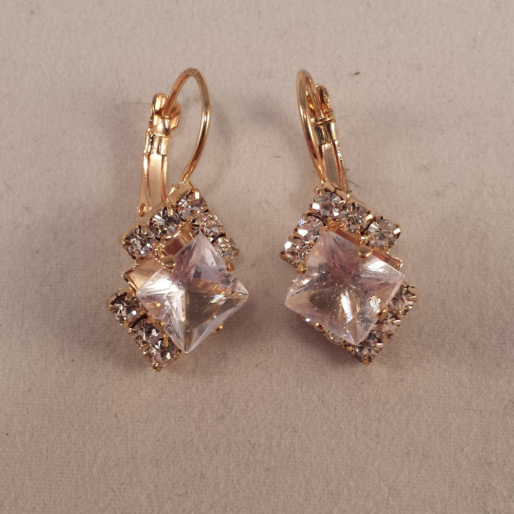 Gold Plated Diamond Square White Czech Crystal Earrings